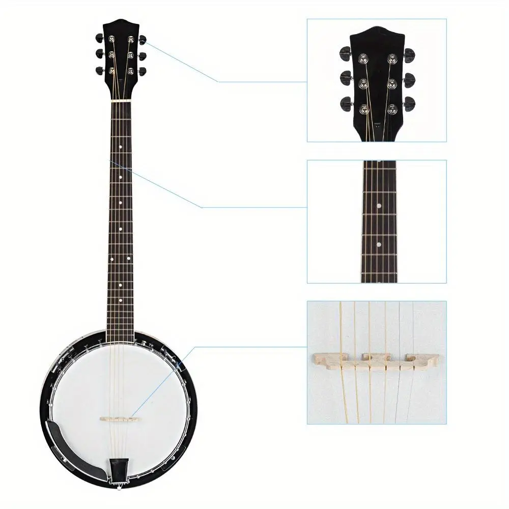 Premium 6-String Banjo - Solid Sapelli Notopleura Wood & Metal Alloy Construction, Professional Crafted Instrument for Adults, Teens with Melodious Tone