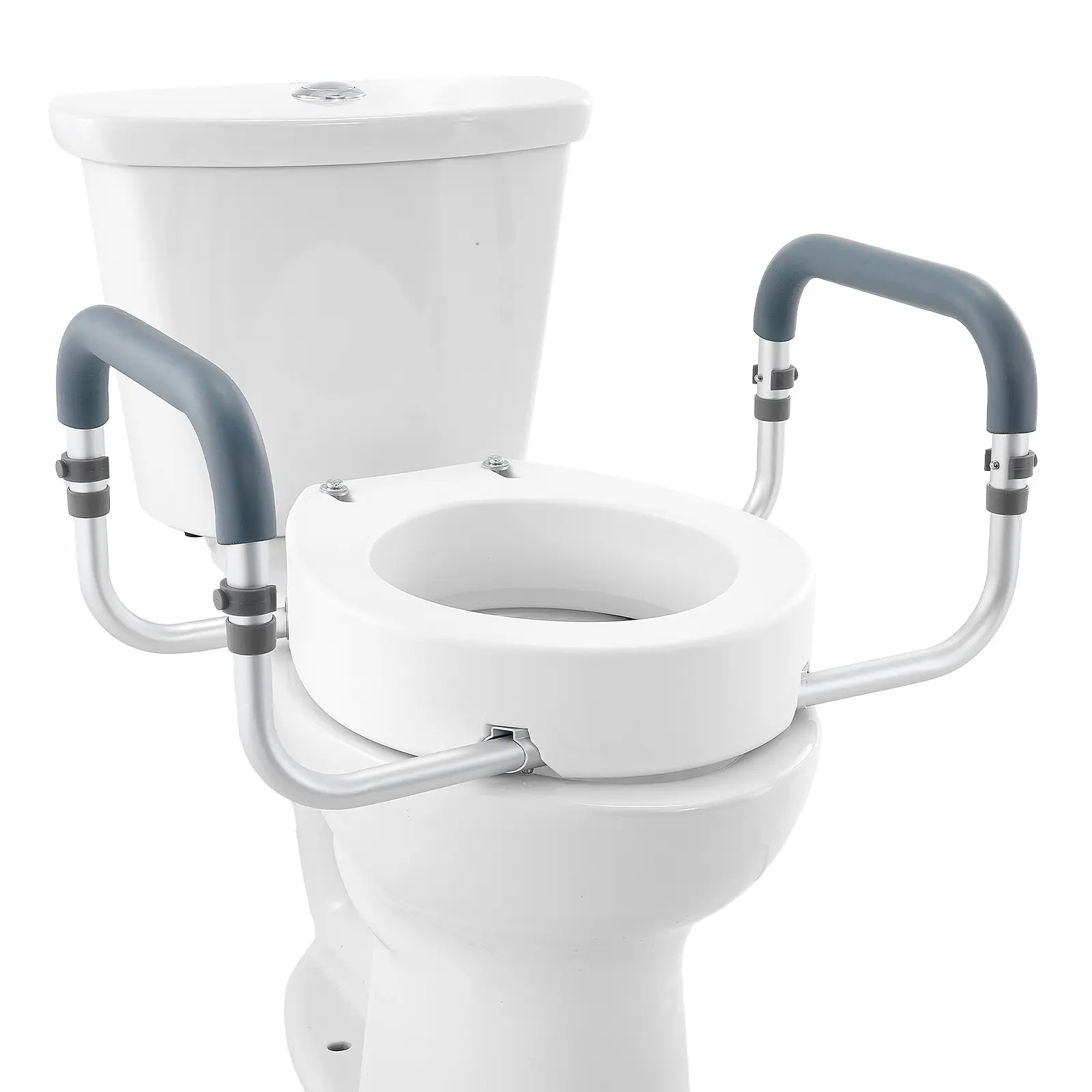 VEVOR 3.5" Raised Toilet Seat with Aluminum Handrail - 300 lbs Capacity, EVA-Padded Armrests, 4-Step Installation, Included Screws, for Standard Round Toilets, Elderly & Pregnant Women, Home Accessory Bathroom Safety Fixture