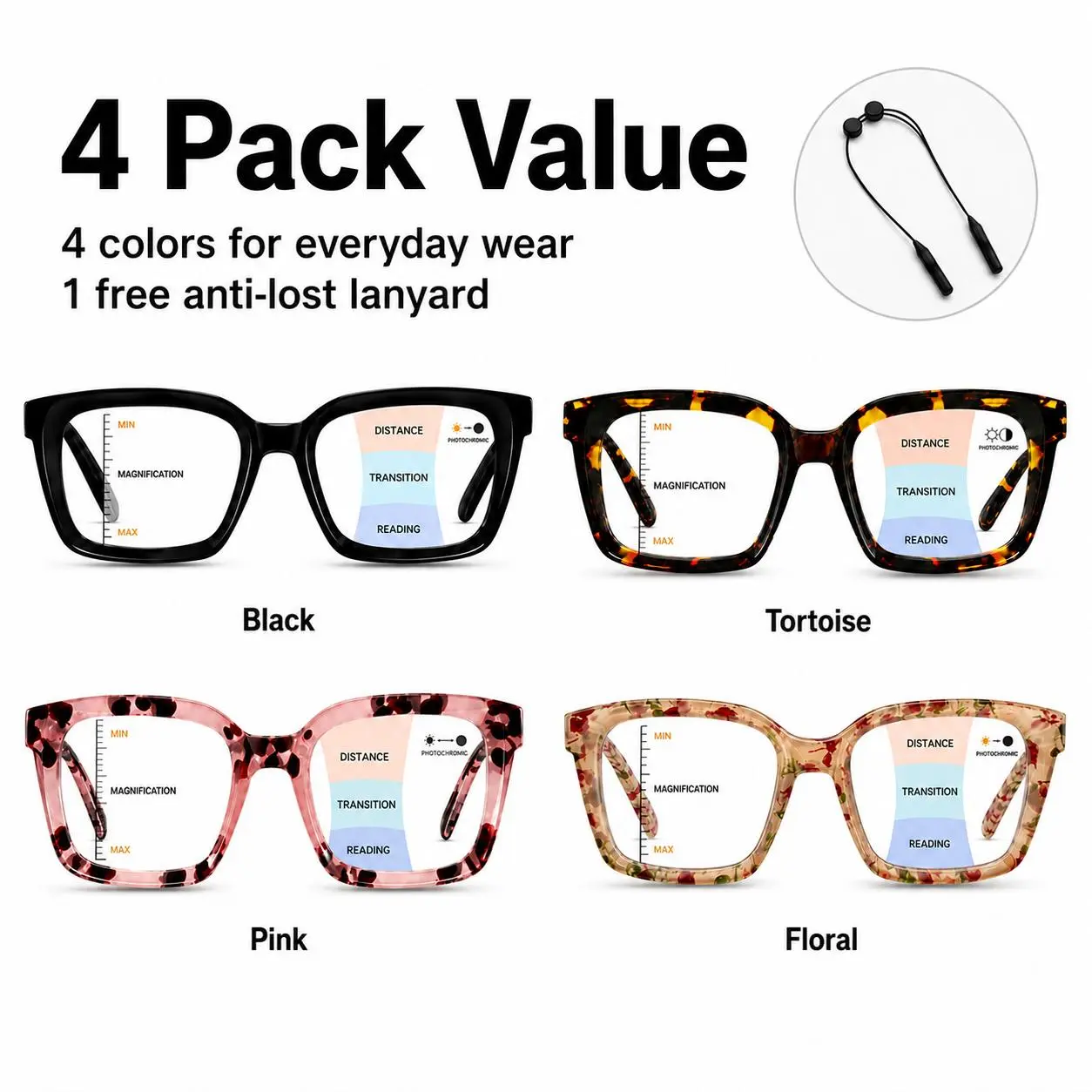 Oversized Square Progressive Reading Glasses for Women & Men, Blue Light Blocking No-Line Multifocal Readers, Lightweight Spring Hinge Computer Glasses for Reading, Work & Daily Use
