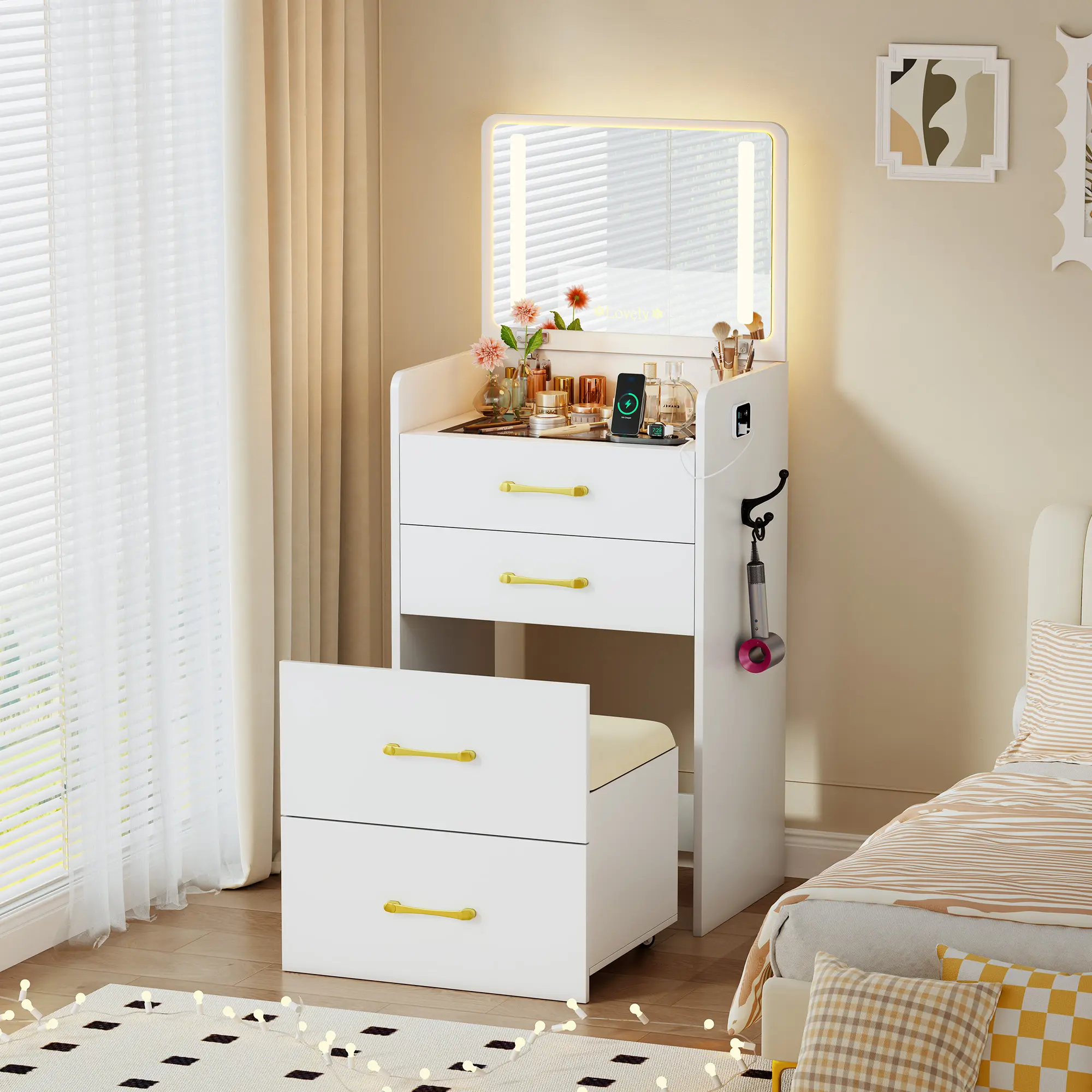 Lvifur 3 in 1 Vanity Desk with Flip Top Mirror and Lights,Modern Glass Top Small Makeup Vanity w/Charging Station & Human Sensor Light,Compact Vanity with 3 Drawers,Rolling Cushioned Stool