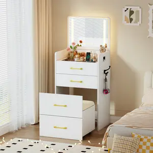Lvifur 3 in 1 Vanity Desk with Flip Top Mirror and Lights,Modern Glass Top Small Makeup Vanity w/Charging Station & Human Sensor Light,Compact Vanity with 3 Drawers,Rolling Cushioned Stool