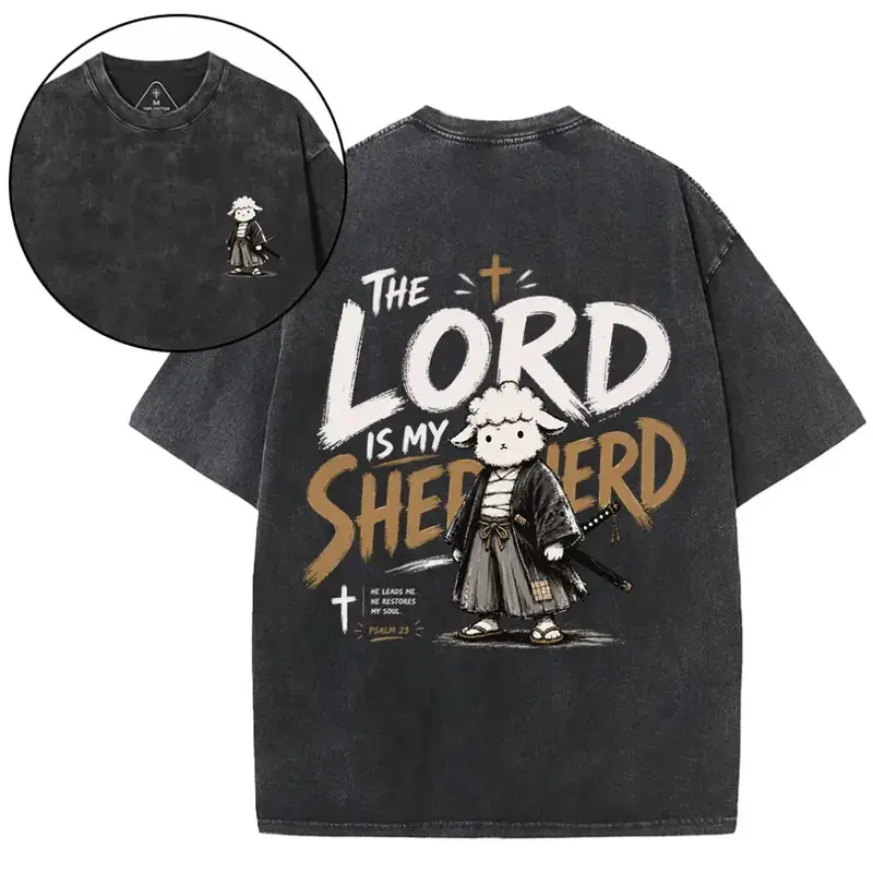 Men's Vintage Acid Wash Oversized Graphic T-Shirt - Washed Cotton Short-Sleeve Top with "The Lord Is My Shepherd" Bible Print, Christian Faith Y2K Streetwear Tee