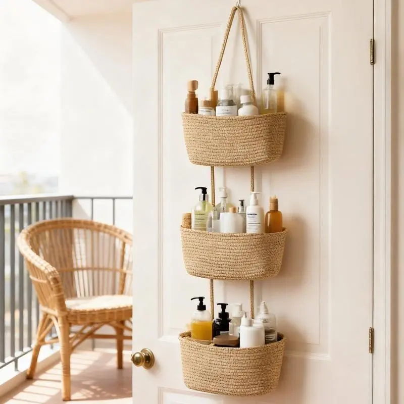 3-Tier Hangable Woven Cotton Over-the-Door Storage Basket with Adjustable Hook - Wall-Mounted Jute Bathroom Baskets, Home Decor Items, Storage Organizer for Diapers, Small Beauty Items, Parent Gift