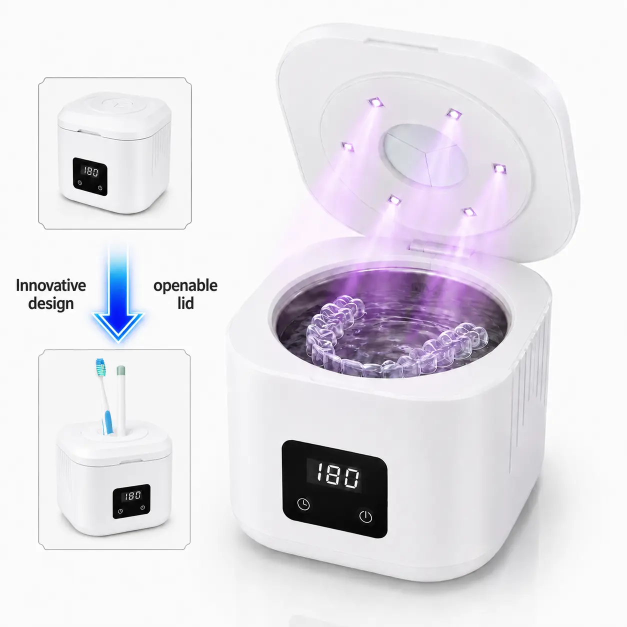 Portable Ultrasonic Retainer Cleaner Machine - 340ML Compact Steel ABS Sonic Cleaner with 50kHz Unscented Water-Based Deep Cleansing, 3 Timer Modes, Built-In LED Lights for Retainers/Dentures, Jewelry, One-Touch Start