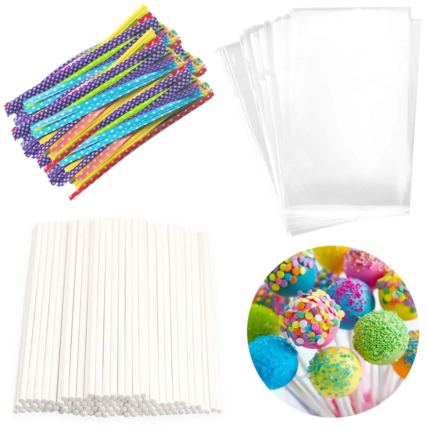 Lollipop Cake Pop Treat Bag Set Including 100pcs Parcel Bags, Papery Treat Sticks, Colorful Metallic Twist Ties for Making Lollipops, Cake Pops, Candies, Chocolates and Cookies