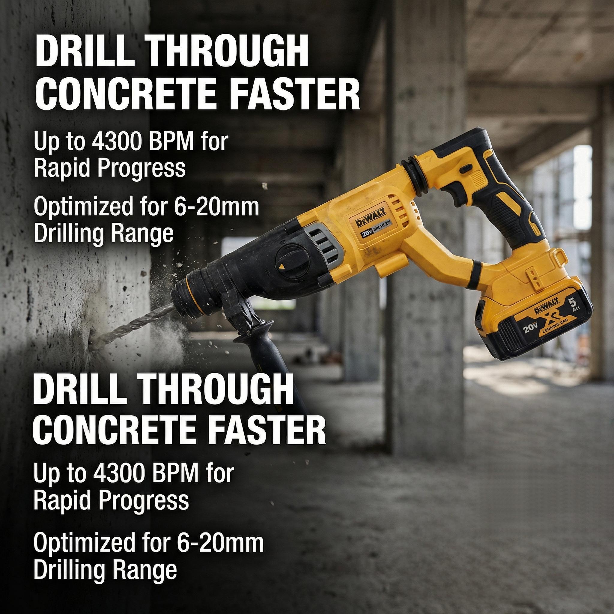 Dewalt DCH263 Cordless Rotary Hammer Drill – 20V Lithium-Ion, 3.0J Impact, Ideal for 6-20mm Concrete Drilling – Includes Battery & Charger