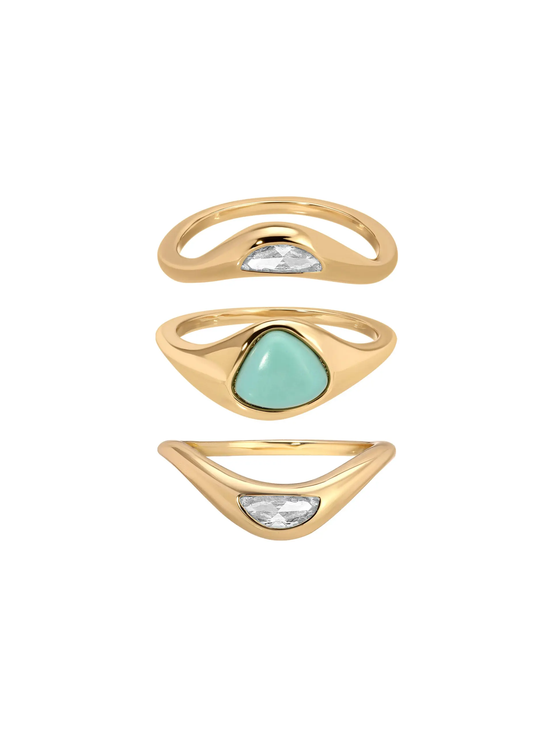 Ettika Turquoise Solstice Ring Stack - Brass 18k Gold Plated Reconstituted Turquoise Gemstone Jewelry Set Solitaire Stackable Rings