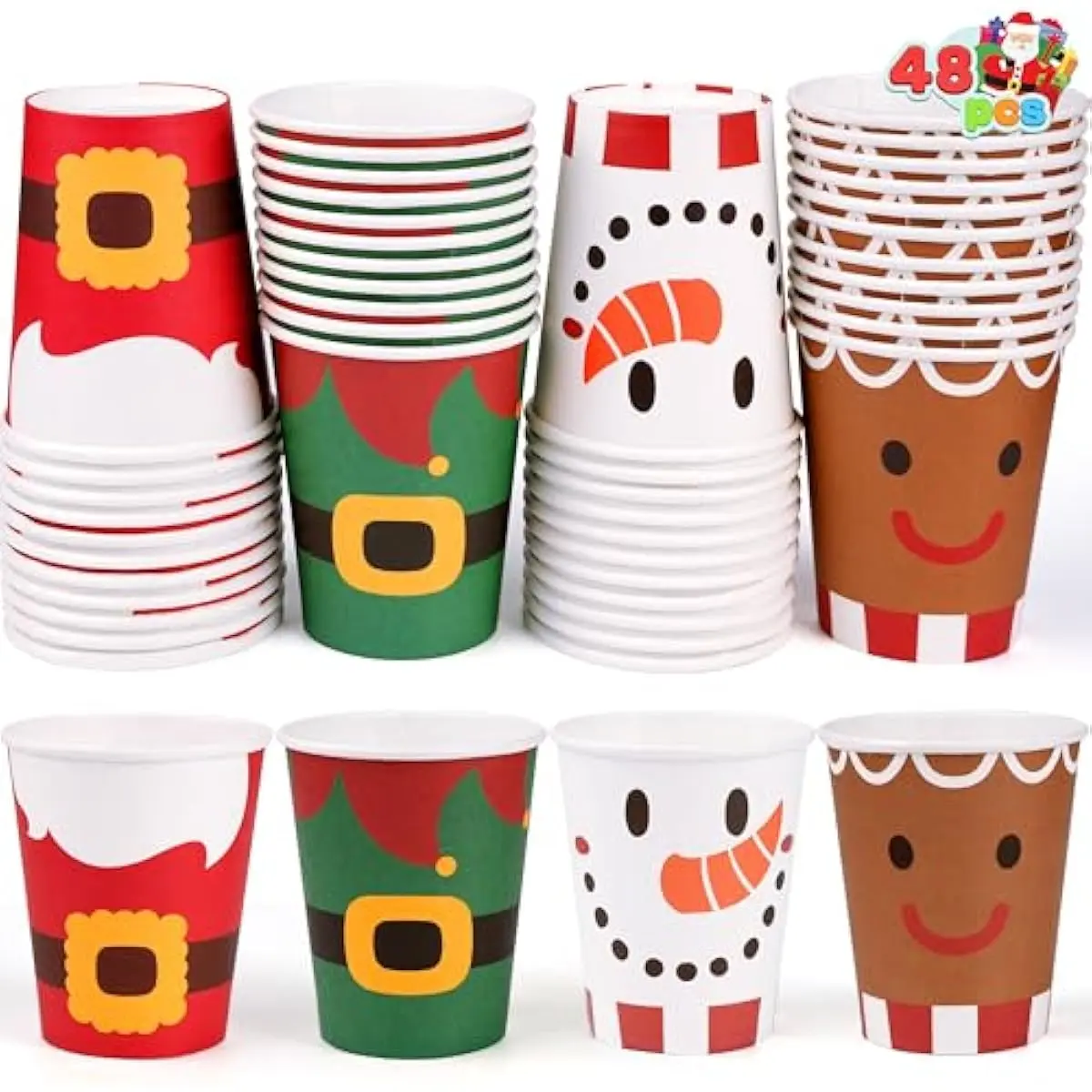 48 PCS Merry Christmas Disposable Cups, 4 Designs Xmas Drinkware 9 oz Paper Cup, Snowflake Santa Elk Christmas Cups For Hot Chocolate Coffee Cold Beverage Holiday Tableware Supplies Favors