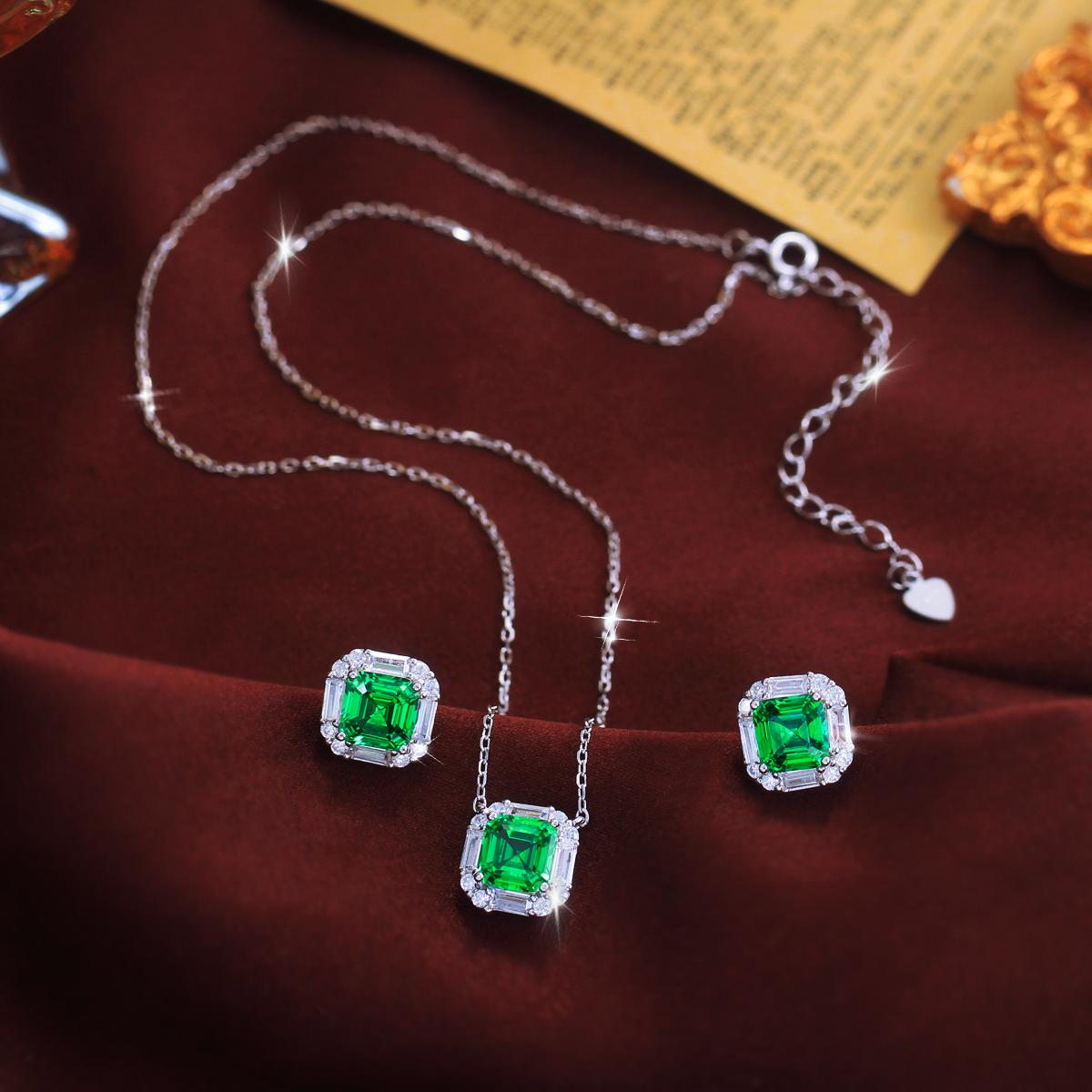 925 Sterling Silver Asscher‑Cut Green Zircon Jewelry Set, Halo Pendant Necklace & Stud Earrings, Vintage Emerald‑Style Luxury Fine Jewelry For Wedding, Banquet, Birthday, Daily Wear & Gift