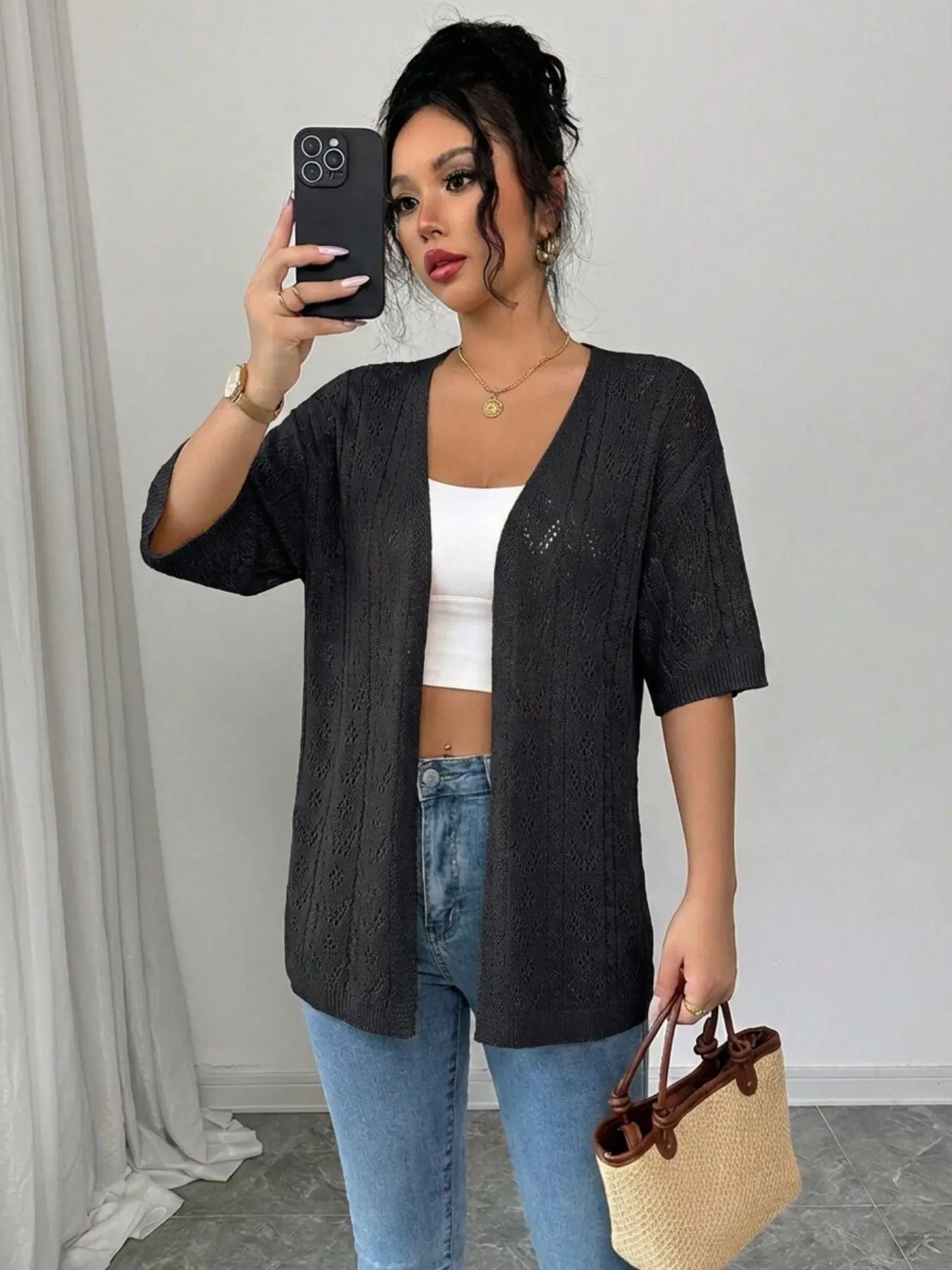 Summer New Pure Color Hollow Out Short Sleeve Knit Cardigan, Vacation Beach Cover-Up Thin Jacket for Women, Casual Chic Fashion Elegance Lady Outerwear Womenswear Knitwear