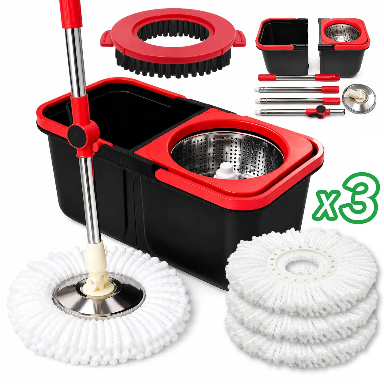 61' Spin Mop Bucket Set with Wringer - Foldable Space-Saving Dual-Chamber System, Adjustable Stainless Steel Telescopic Handle, Built-in Drain Plug, Comes with a brush 3 Reusable Microfiber Mop Heads for Hardwood, Tile, Vinyl Floor Cleaning Adjustable