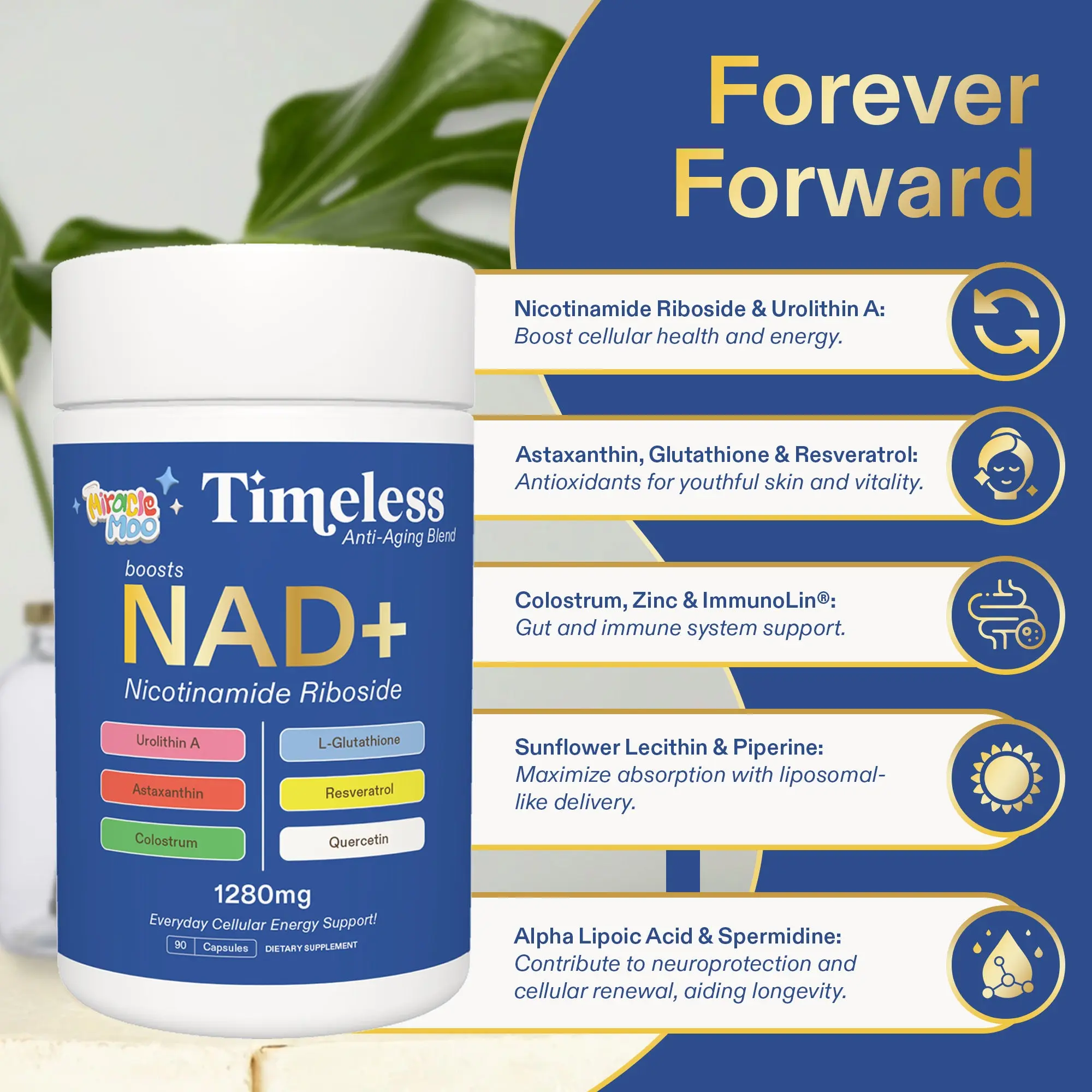 Miracle Moo Timeless | NAD Supplement - Nicotinamide Riboside, Resveratrol,  Urolithin A, L-Glutathione, Colostrum, Astaxanthin & Quercetin