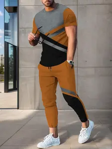 Two-Piece Set Men's Colorblock Patchwork Round Neck Tee & Drawstring Waist Pants Set, Regular Fit Casual Short Sleeve T-shirt & Pocket Jogger Pants, Men's Summer Clothes