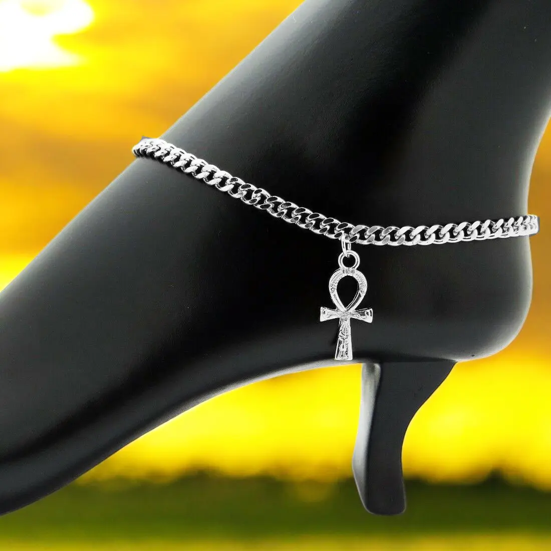 MaxBling81 Women's Egyptian Ankh Cross Charm Silver Ankle Bracelet - 4mm 10" Silver Cuban Chain with Polished Coating, Daily Fashion Nefertiti Chain Jewelry Anklet Accessory, Chain Jewelry Anklets