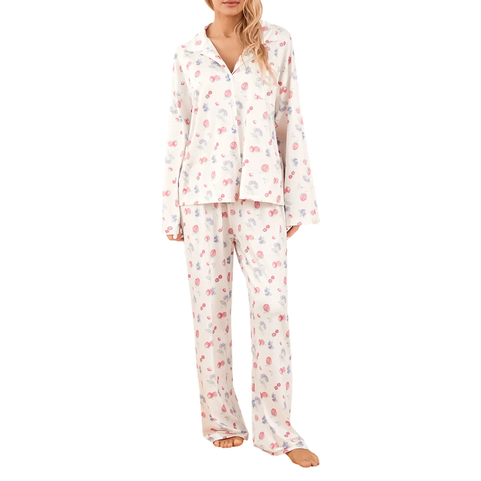 Women's Pajamas Lounge Set Strawberry Print Turn-Down Collar Long Sleeve Shirts Tops and Pants 2 Piece Loungewear Outfits Nightwear cup Strapless Teddy Bodystocking Set Silky Pajama Set