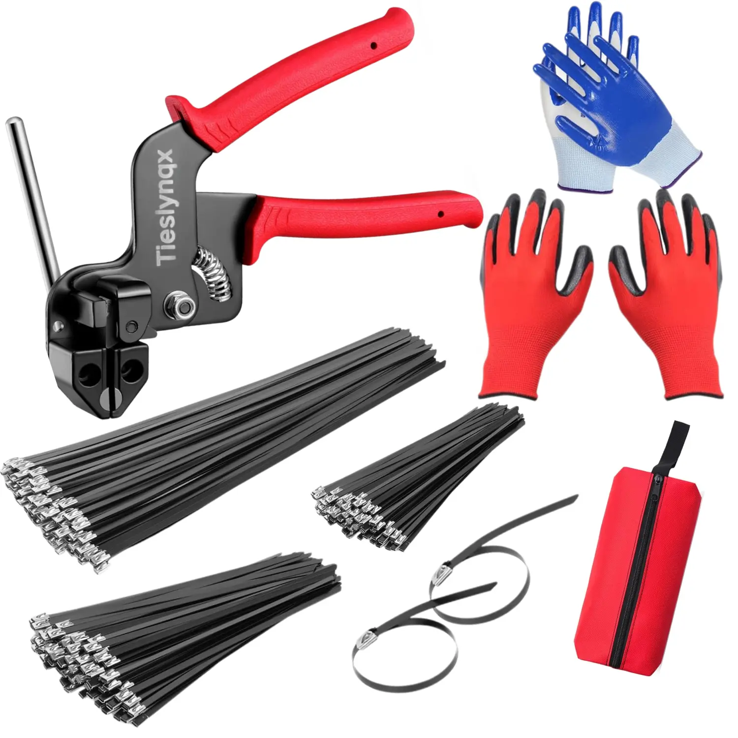 Stainless steel cable tie gun kit, containing 150 black metal cable ties (50 each of 7.8-inch, 9.8-inch, and 11.8-inch), adjustable fastening and cutting cable tie tool kit, suitable for fences, exhaust pipes, automobiles, etc.