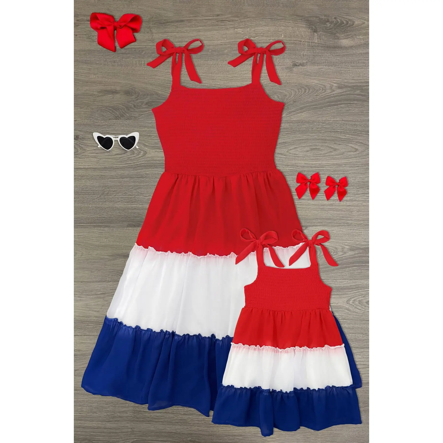 Family Matching Tiered Ruffle Tie-Strap Dresses - Red, White & Blue, Comfy Soft Fabric, 4th of July Outfits for Moms & Kids, Frill Trim Dress, Ruffle Sleeve Dress