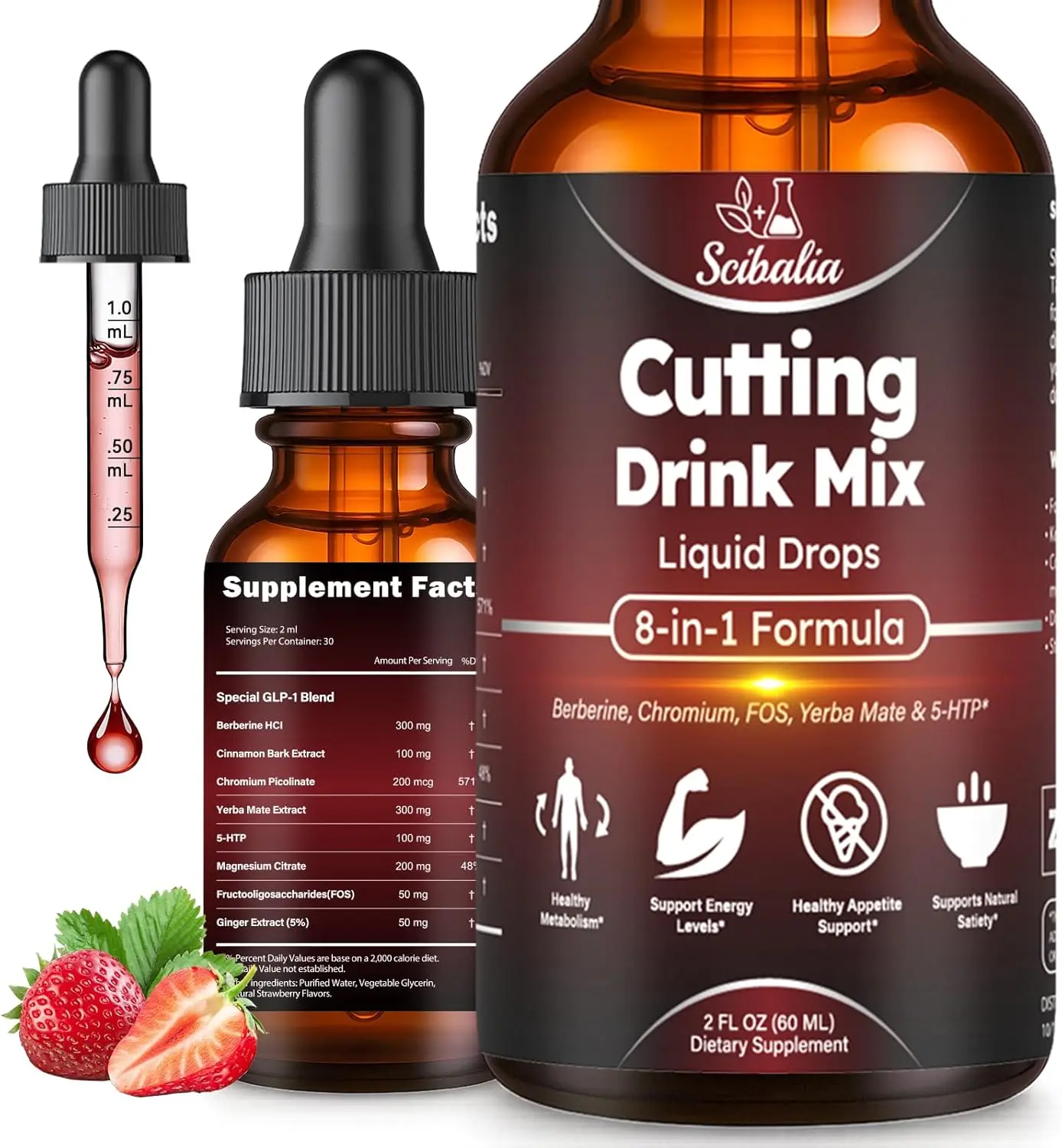 Cutting Mix Drink Liquid Drops, Metabolism & Satiety Support w. Berberine Yerba Mate Magensium Chromium FOS & 5-HTP for Energy & Gut Health, Strawberry Acai Flavor 30 Servings Dietary