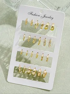 12 Pairs Vintage C-Shaped Rhinestone Earrings Set, Elegant Women's Jewelry, Jewelry Design, Cold-Weather Style, High-Quality Ear Accessories, Earring Stacking Set