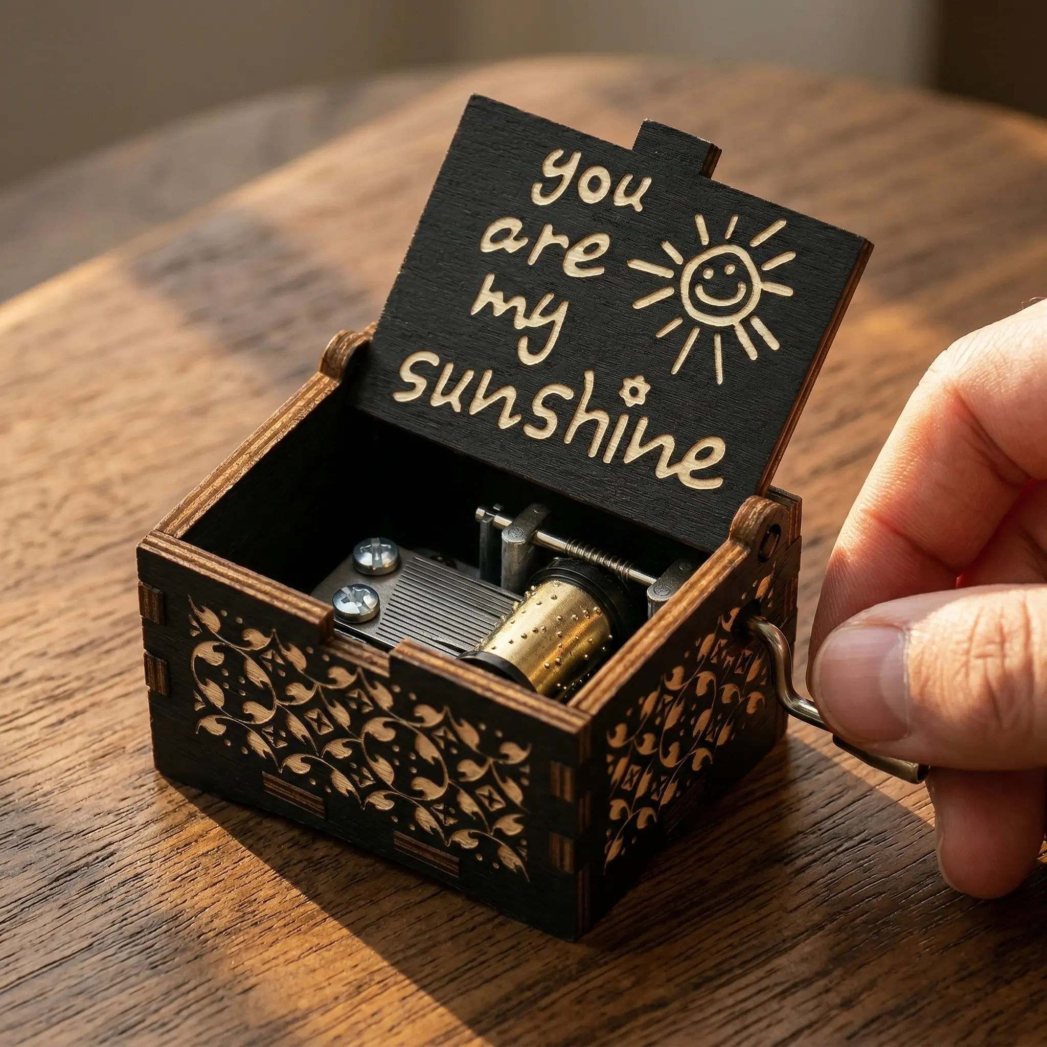 Vintage Wooden Sunshine Music Box with Laser Engraving Desktop Decoration for Birthday Valentine's Day Romantic Anniversary Present Aesthetic Home Decor Gift Design Ornaments Unique Sentimental Gift for Mom, Daughter, Wife, Girlfriend, Kids, A