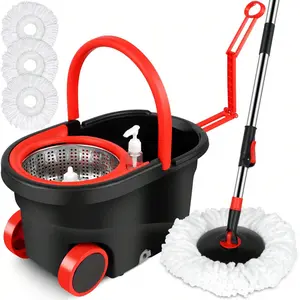 Spin Mop Bucket Set with Wringer, 360° Spinning Floor Cleaning System, Includes 3 Microfiber Mop Heads, Stainless Steel Telescopic Handle, Easy Grip, for Home Kitchen Tile & Hardwood Floors