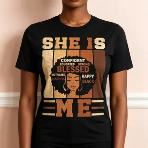 "She Is Me Empowering Black History" Graphic T-Shirt - Juneteenth African Woman Portrait Statement Top - Positive Affirmations and Motivational Quote Aesthetic Apparel - Comfortable Short Sleeve Graphic Shirt - Unique Professional Detail Crew Neck Tee