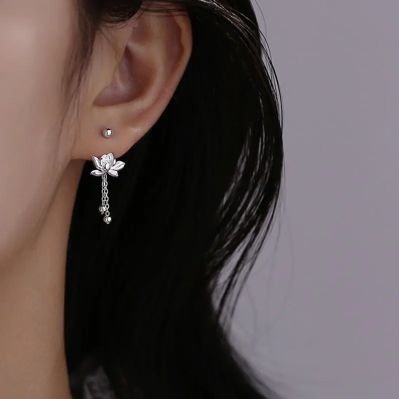 Women's 925 Sterling Silver Retro Classic Stud Earrings - Vintage Dangle Lotus and Bowknot Bow Accent Jewelry Gift, Bow Accent Earrings, Earring Stack, 80S/90S Retro Earrings