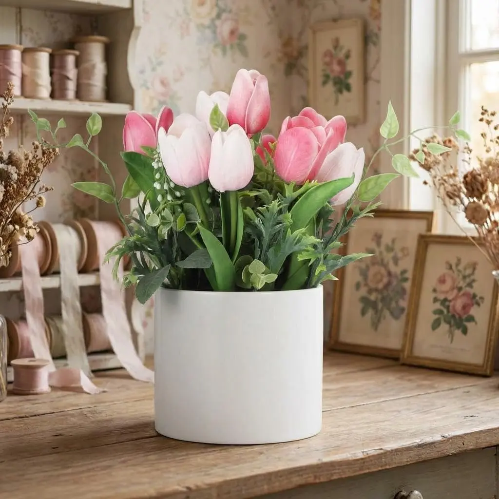 Garvee Real Touch Plastic Tulip Flowers - Round Glass Vase with Faux Water or Ceramic Vase Options, Decorative for Home Room Decor, Dining Table Centerpieces