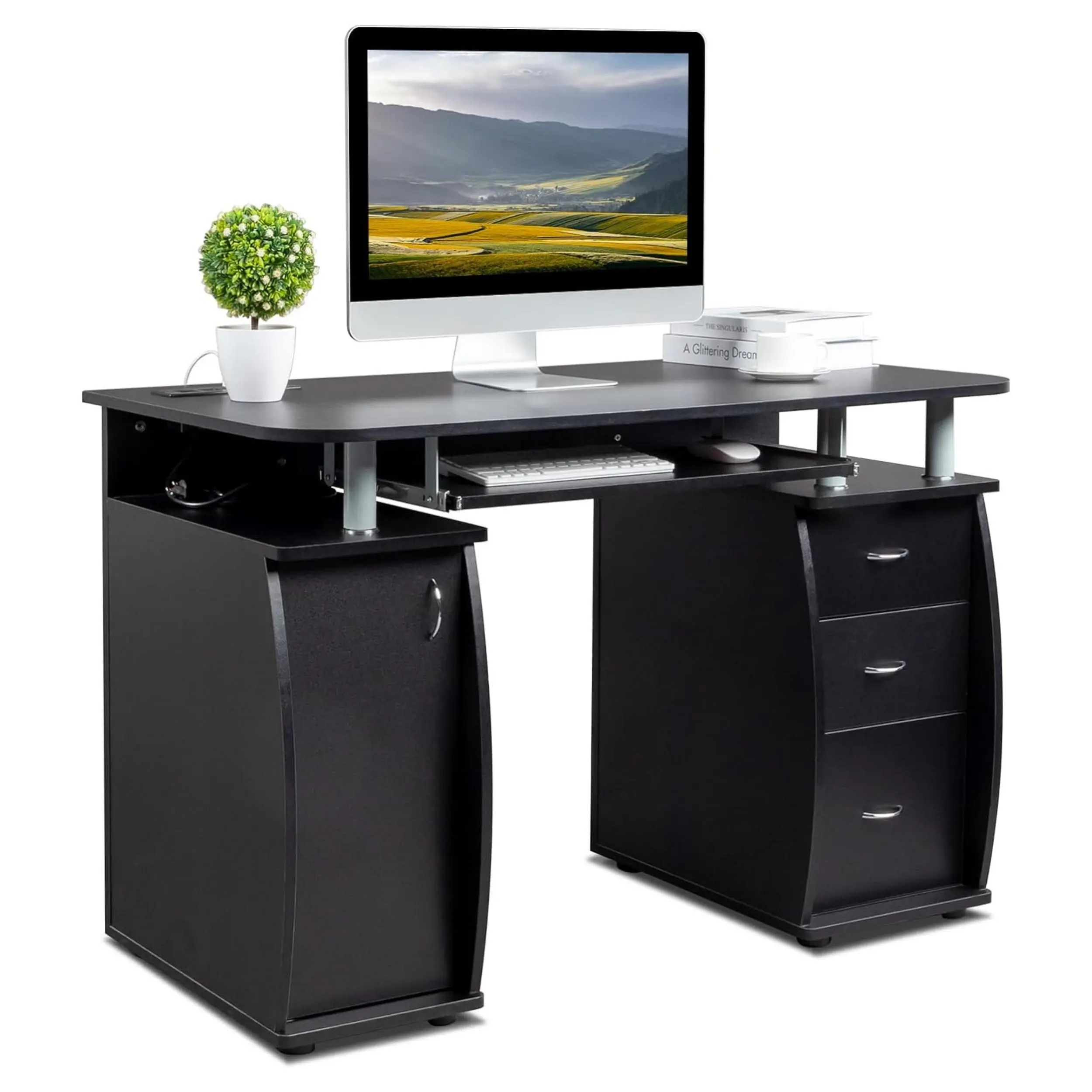 Karl Home Black Computer Desk - with Drawers, Storage Cabinet (Wire Hole), Charging Hub, Sliding Keyboard Tray - Work-from-Home Office Furniture, Apartment Small PC Laptop Workstation (Round Table Corners)
