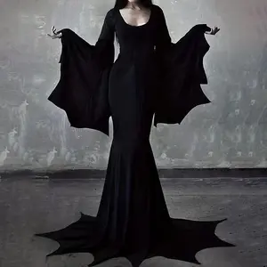 MrsAddamsEnchantingDarknessBlackGothicWitchBatSleeveDressforWomenVintageAestheticFittedBreathableFabricHalloweenCosplayOutfitWomenswearCarnivalCostume