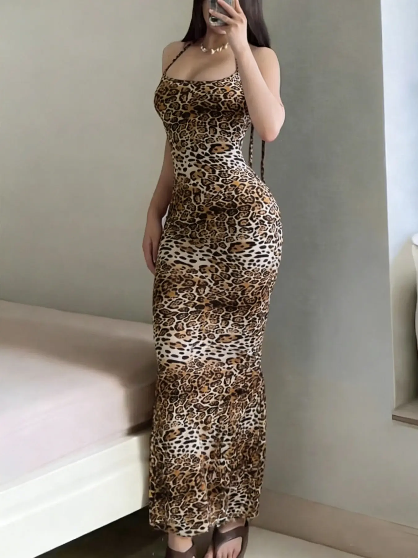 Elegant Sleeveless Bodycon Cut Halter Leopard Dress, Chic Long Skirt, Hip-Hugging Fashion, Perfect for Trendy, Women's Stylish Clothing, Womenswear, Fit