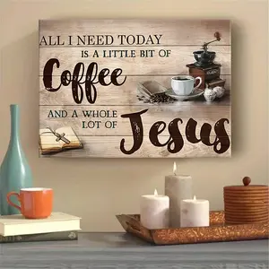 1 Piece Vintage Style "Coffee and Jesus" Canvas Wall Art Rustic Woodgrain Print with Rustic Wooden Background - Pine Frame, Inspirational Quote Decoration for Living Room, Bedroom, Kitchen, Dining Area|Coffee-themed Decoration|Canvas Printing