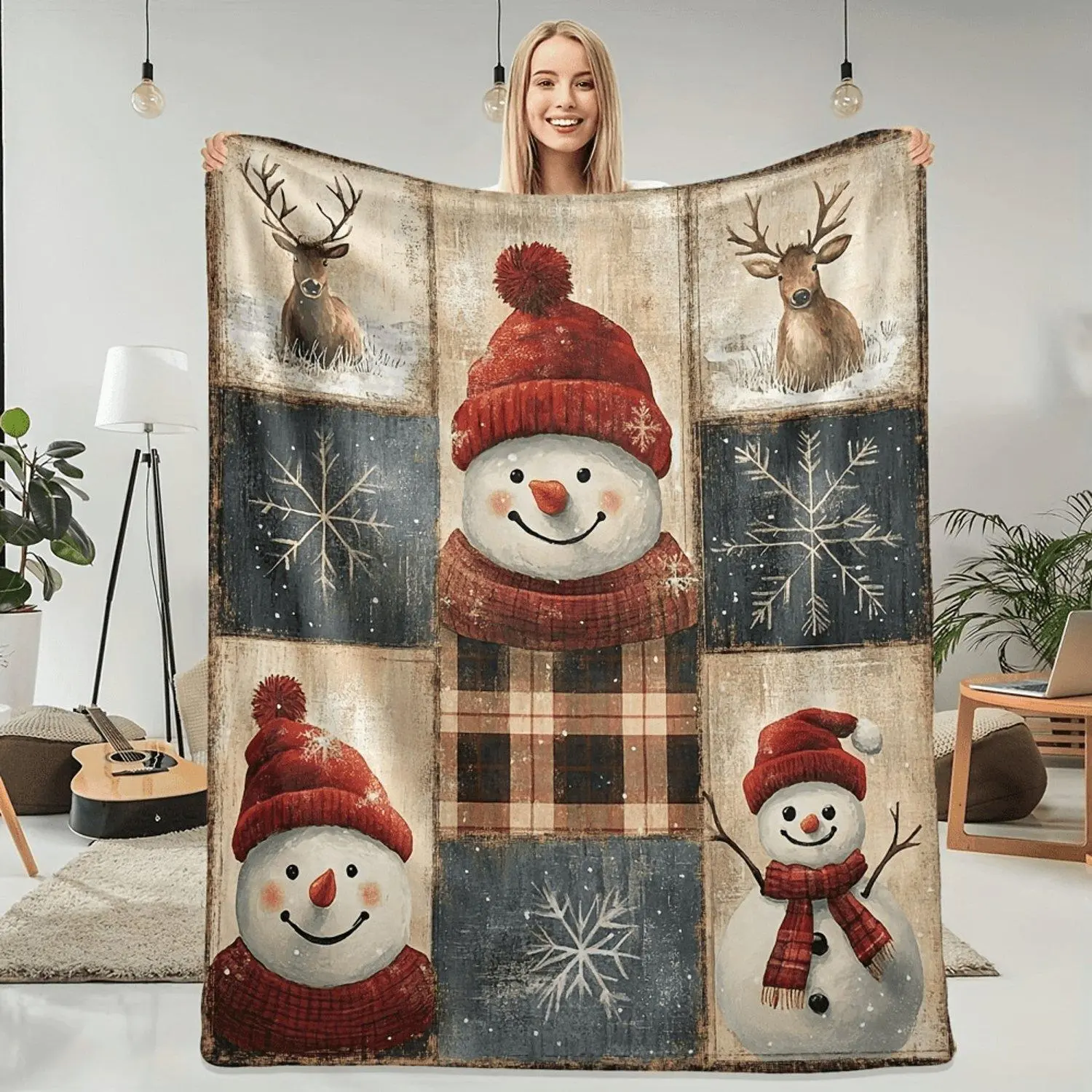 1pc Blanket with Reindeer & Snowmen Cozy Winter Design Soft Plush Texture Perfect for Sofa Naps and All Season Use Rustic Winter Theme Cozy Home Accessory