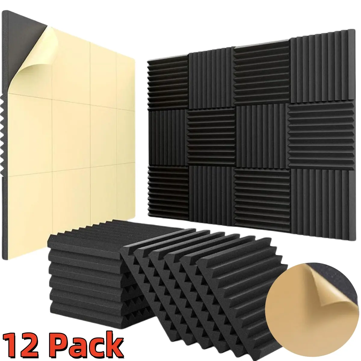 12 Pcs Double Sided Tape Wall Panels Set, Self-Adhesive High Elasticity Quick-Recovery Wedge Soundproofing Foam Tiles for Home Studios, Music Rooms - Easy-Install 1"X12"X12" Acoustic Treatment Panels