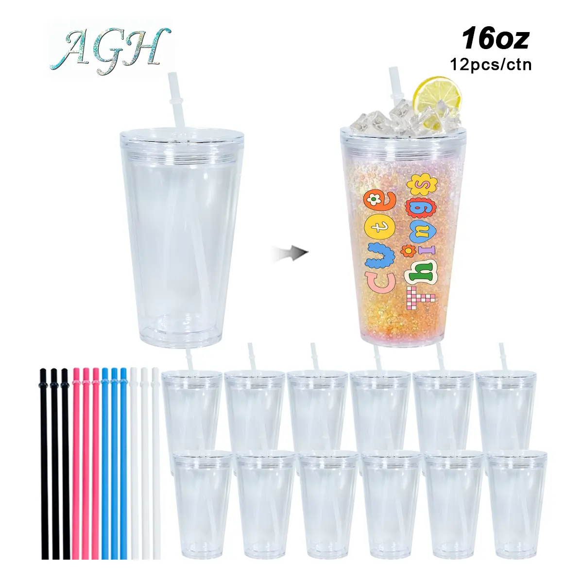 AGH [New Arrived] 16 oz Snow Globe Acrylic Tumblers with Clear Lids & Straw Topper Double Wall Plastic Cups for Crafty DIY Gifts