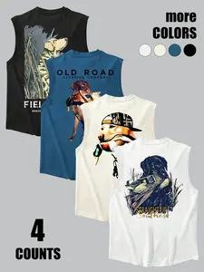 Animal Print Sleeveless Vest Set 4 Pcs, Multicolor Casual Outdoor Windbreaker, Vintage American Workwear Style, Daily Commute/outdoor Wear