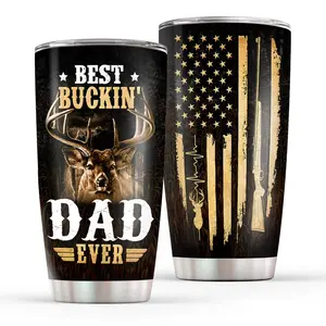 Best Buckin Dad Ever 20 oz. Hunting Tumbler, Funny Deer Hunter Travel Coffee Mug with Lid, Patriotic American Flag Father's Day Gifts from Son Daughter, Vacuum Insulated Stainless Steel Car Cups for Outdoor Woods, Unique Birthday Presents for Husbands Men