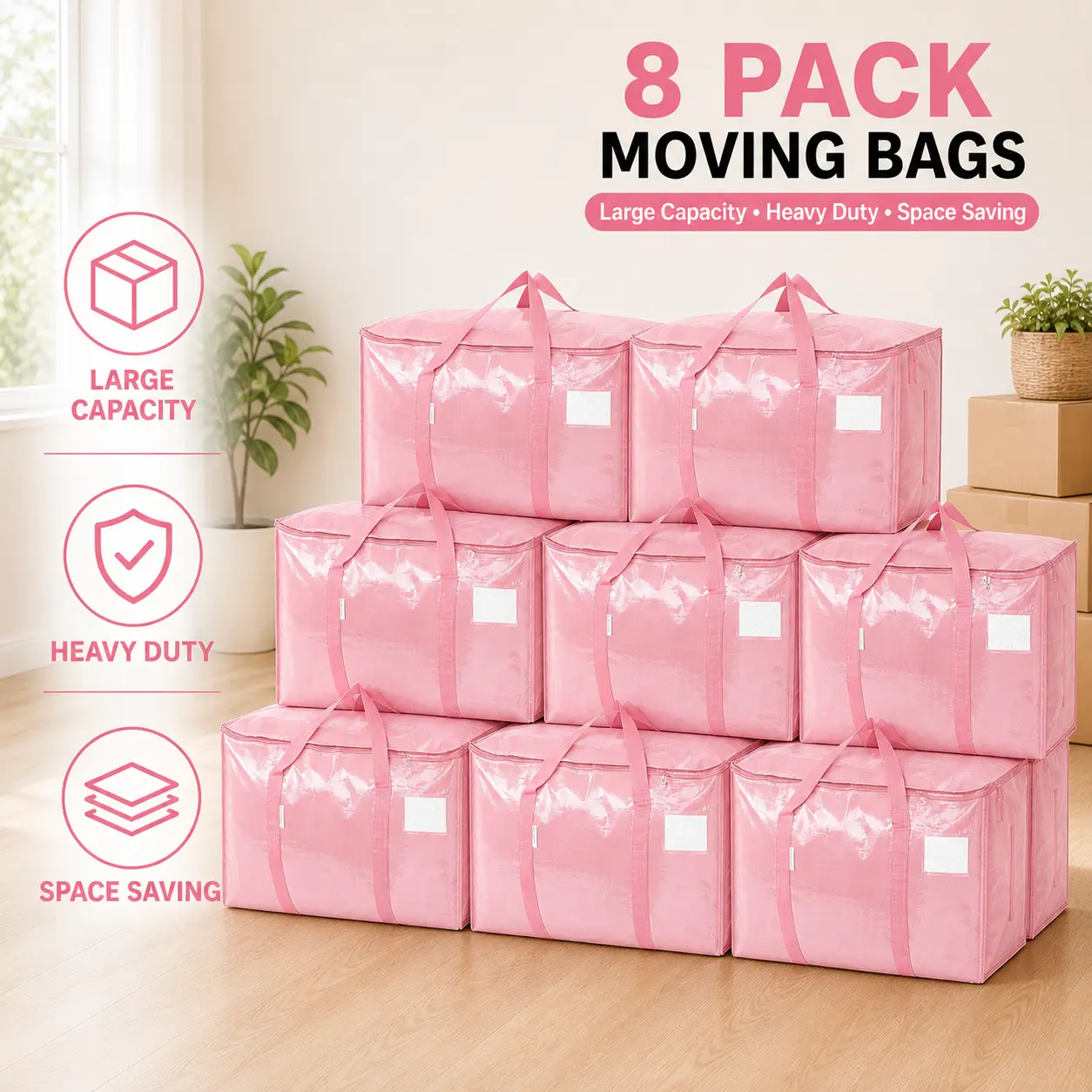 Oversized Synthetic Large Storage Bags for Home Supplies - Strong Wraparound Handles, Secure Zipper Closure, Label Pocket, Reusable Foldable Moving & Packing Totes for Moving Into New Apartment, Home Organization