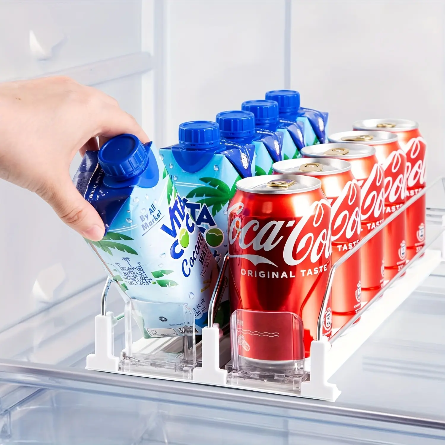 2-Row Self-Push PVC Fridge Storage Drink Organizer - Push-Type Dispenser for Beer, Cans, Water Bottles, Automatic Space-Saving Home Storage Rack Shelf