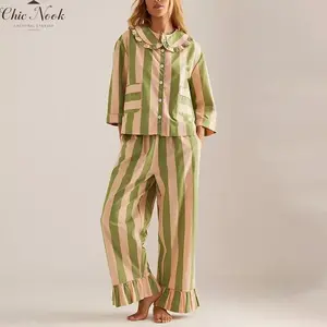 Women's Matching Pajamas Stripe Print 3/4 Sleeve Doll Collar Button Down Tops Long Pants Sleepwear 