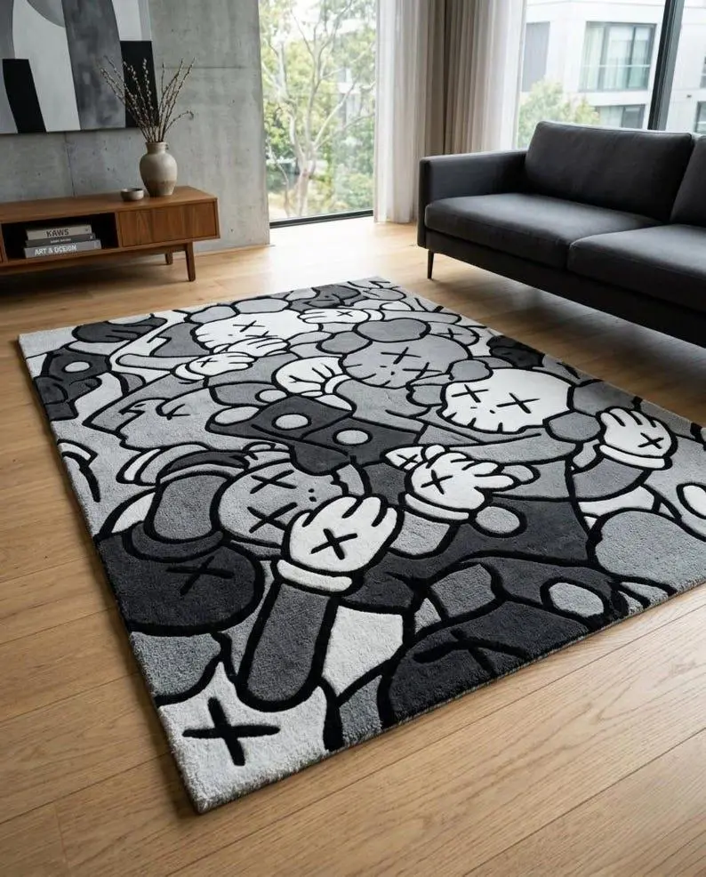 Large KAWS DOORMAT Inspired Hand Tufted Modern Abstract Grey Black Cream Area DOORMAT Luxury Hypebeast Home Decor
