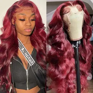 13x6 99J Body Wave Wig Burgundy Lace Front Wigs Human Hair 200% Density 32 Inch Hd Transparent Body Wave Frontal Wig Pre Plucked with Baby Hair Red Wine Wigs for Women