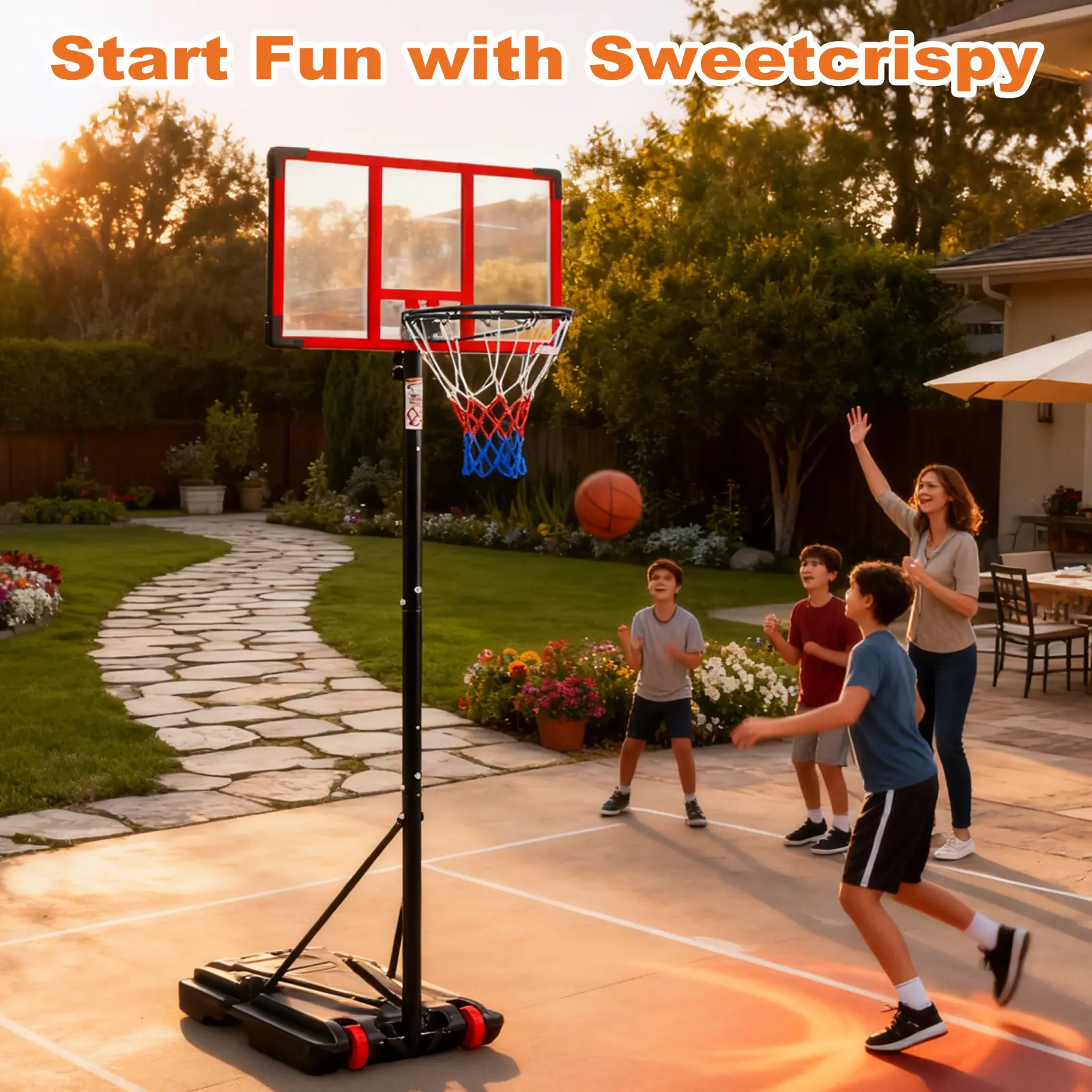 Sweetcrispy Kids Portable Basketball Hoop - Adjustable Height Range 5.08-8.53 ft, Shatterproof Weather-Proof Backboard, Fillable Wheeled Base, Easy Installation for Backyard Playground Kids Children