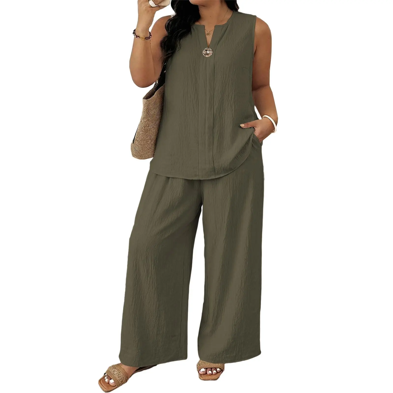 Eytino Plus Size 2 Piece Sets for Women Summer Travel Vacation Outfits Sleeveless Tops Wide Leg Pants Matching Sets(1X-5X)