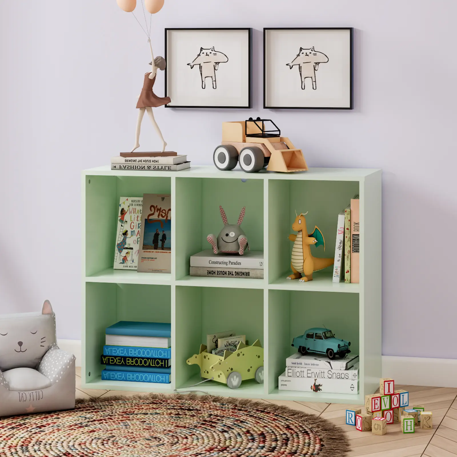 6 Cube Storage Organizer, Kids Cubby Bookshelf, Green Cube Bookcase with Closed Back Panel, Thickened Panels, Anti-Tip Kit, Toy Storage Organizer for Nursery, Classroom, Kids Room (Green)