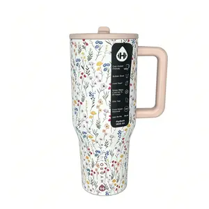 HydroJug 40-oz Colorful Small Flower Insulated Tumbler with Handle, Portable Stainless Steel Flask, Leak-Proof, BPA-Free, Cold-Retaining, Cup Holder-Fit, Ideal for Iced Coffee, Car Use, Father's Day Gift