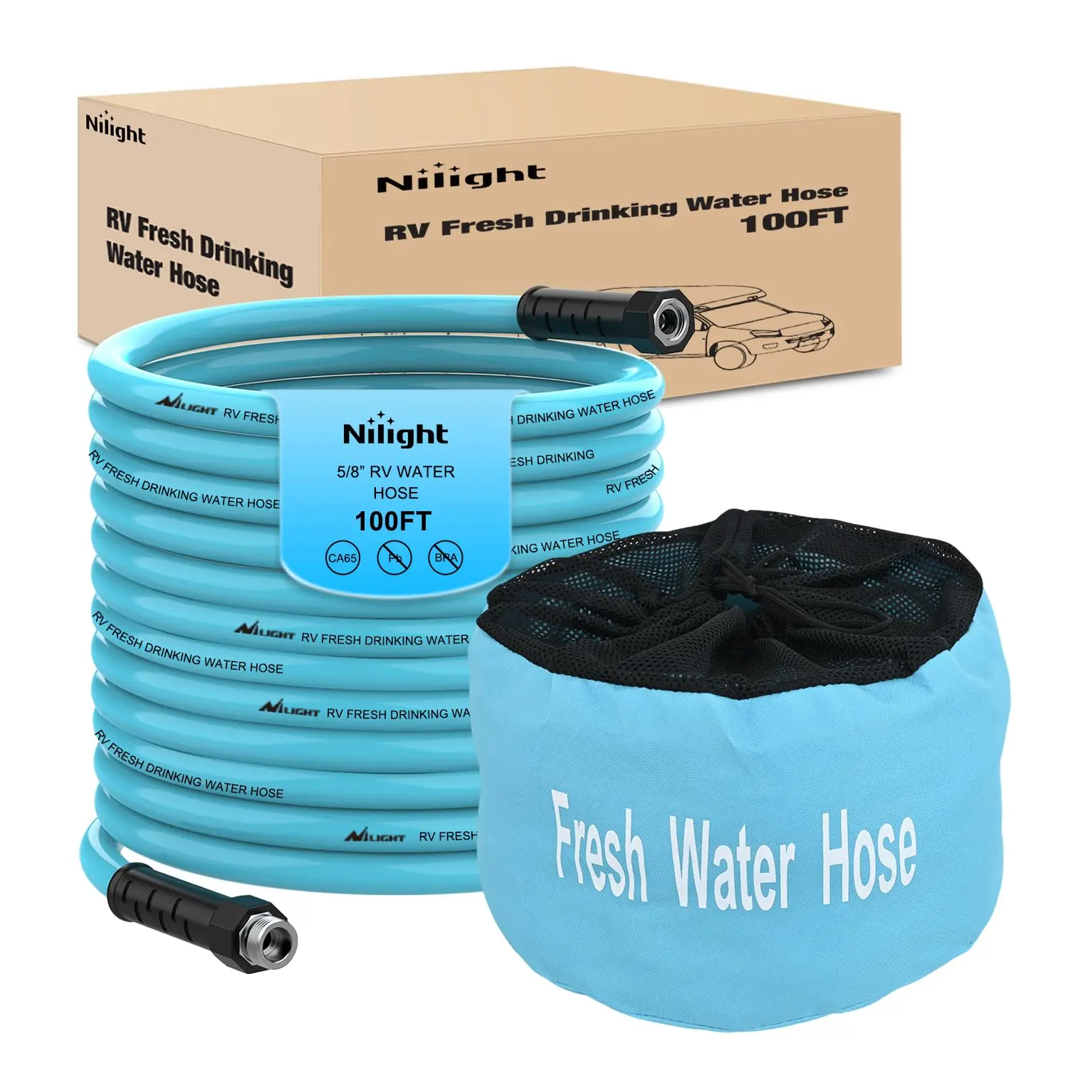 Nilight RV Water Hose 100FT Garden Drinking Hoses with Storage Bag Leakproof Anti-Kink 5/8" Inner Diameter Flexible Lightweight Freshwater Hose for RVs Campers Travel Trailer Boat Car Wash Accessories, Storage Bags, 100Ft Length