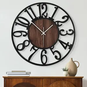 Round Wall Clock for Living Room Decor Battery Operated Non Ticking Black Metal Wood Clocks for Home Living Room Garden Office Kitchen Decoration -16 inch