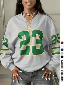 Women's V Neck Light Vintage Baseball Hoodie, Oversized Long Sleeve Casual Sweatshirt, Youthful Contrast Color, Fall & Winter, Womenswear