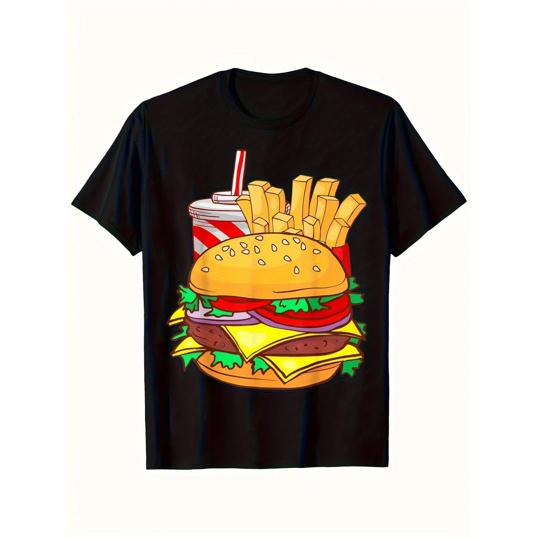 1pc Men's Fast Food Graphic T-Shirt - Burger & Fries Print Tee - Soft Breathable Fabric Crew Neck Shirt for Casual Casual Attire, Parties, Road Trips - Machine Washable Black Top for Burger Lovers, Burger Shirt, Party Apparel, Playful Design